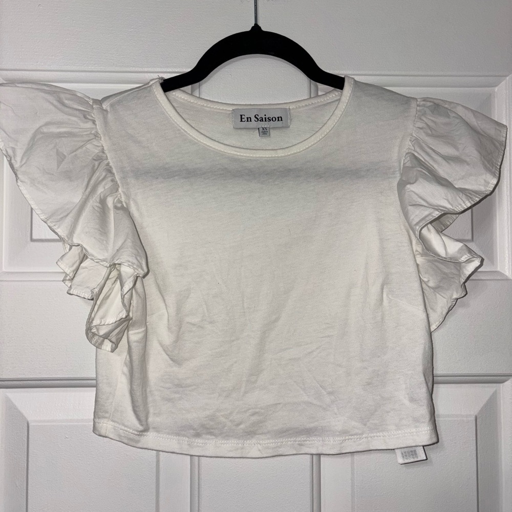 En Saison White Ruffle Sleeve Crop Top
